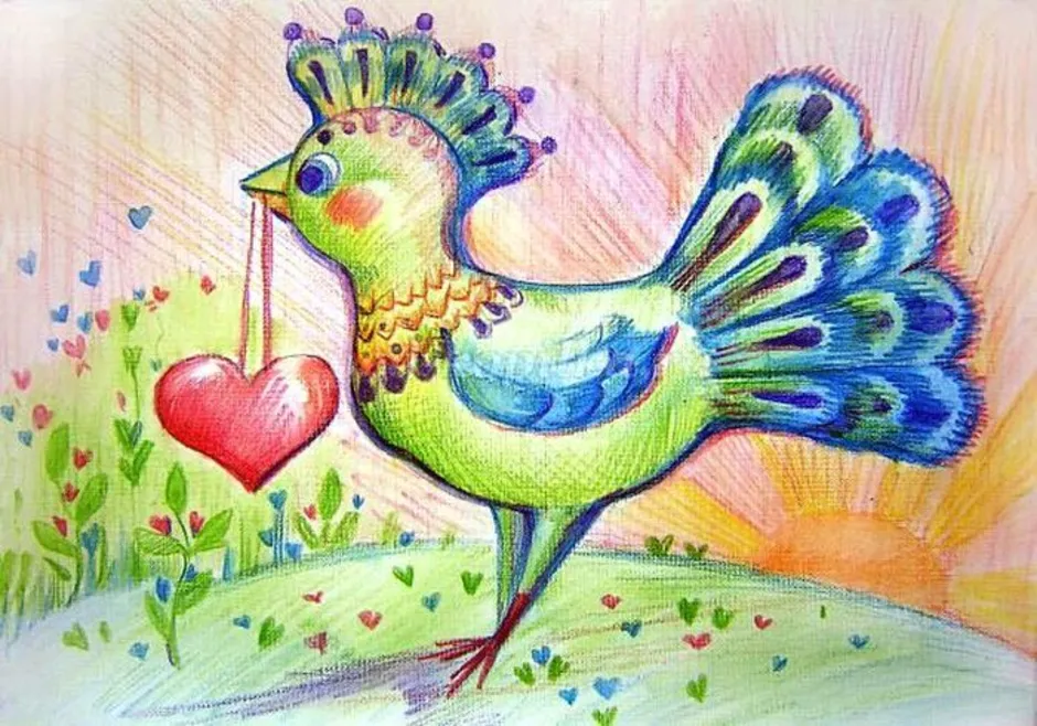 Птица счастья для детей. Рисование цветными карандашами для детей. Рисование Сказочная птица. Птица счастья рисунок. Сказочная птица рисунок.