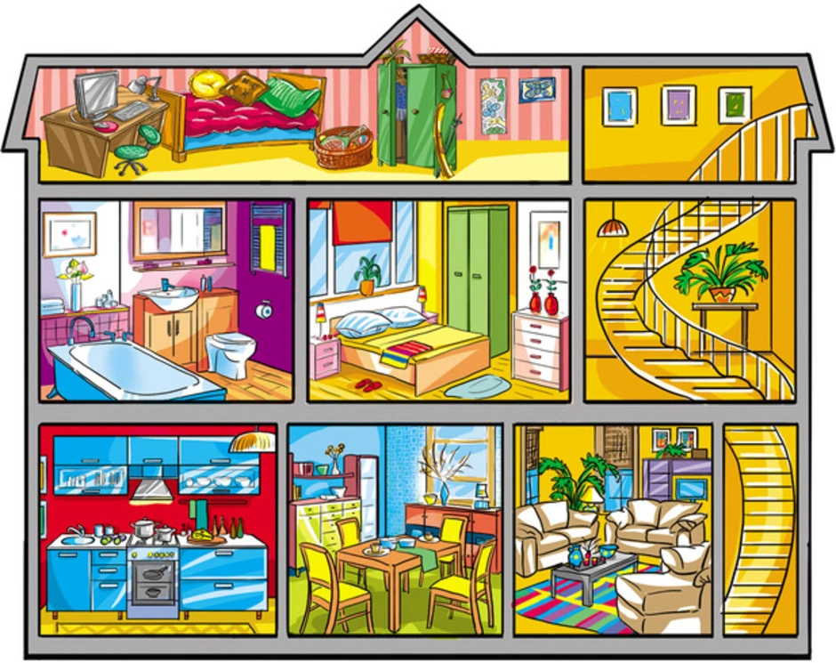 4 изучаем дома. Дом с комнатами для детей. Иллюстрации с изображением комнат в доме. Рисование комнаты в доме для детей. Комната в доме.