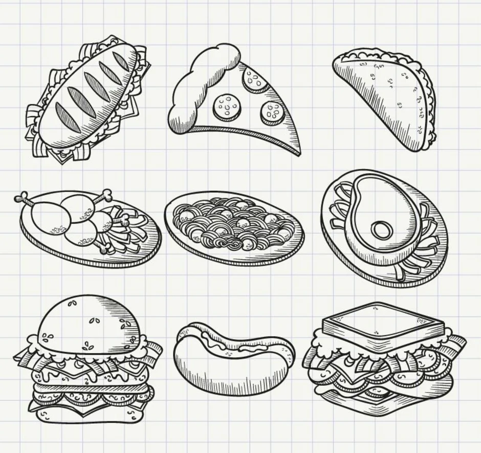 Еду легко ком. Рисунки еды. Картинки для срисовки еда. Рисунки для срисовки еда легкие. Блюдо рисунок.