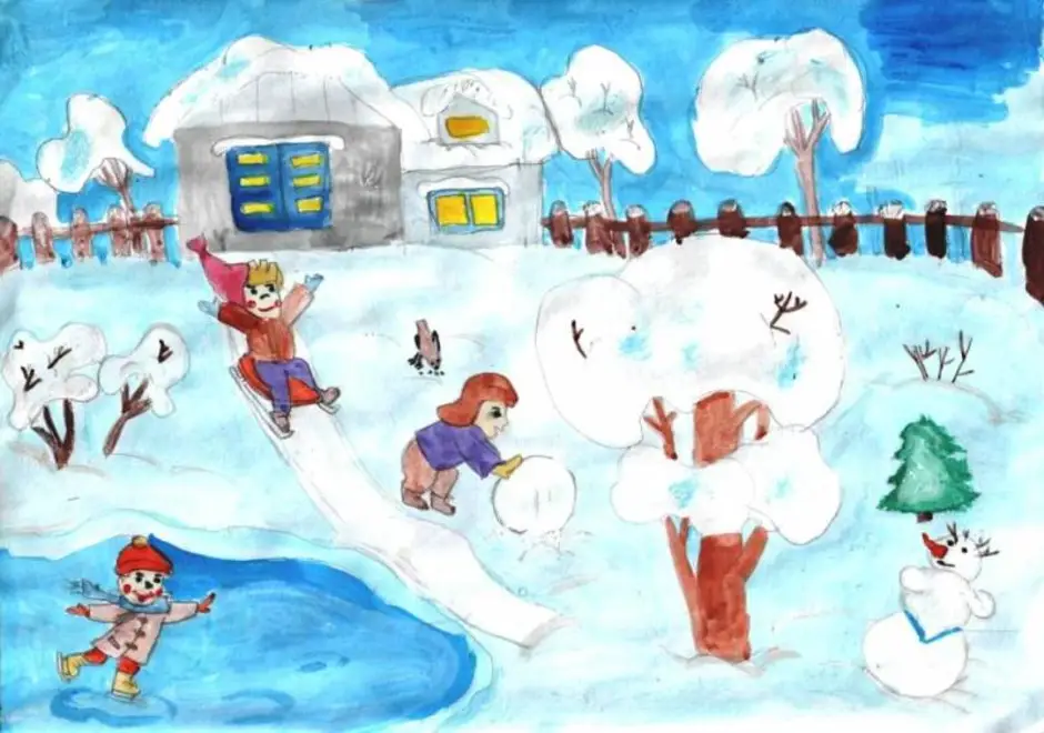 Рисунок зимних игр. Зимние забавы рисунок. Детские рисунки на тему зима. Рисование зимние развлечения. Рисование зимние забавы.