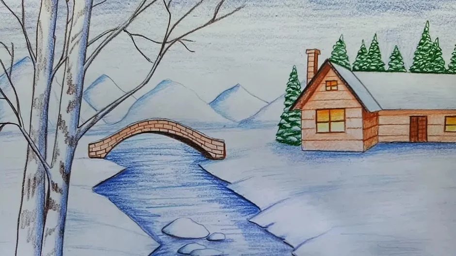 Рисунок «Зима за окном» гуашью поэтапно для детей и начинающих видео урок - Рисуем вместе