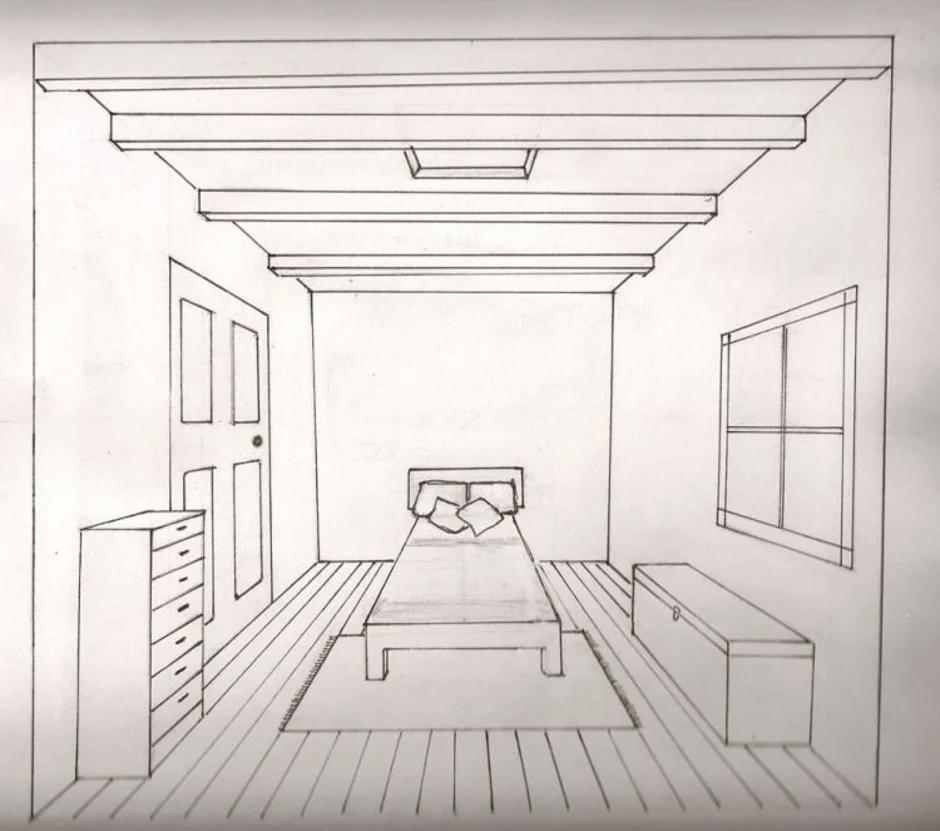 Рисунок комнаты 7 класс легко. Фронтальная перспектива комнаты. Интерьер комнаты в перспективе. Комната в перспективе карандашом. Рисование интерьера комнаты.