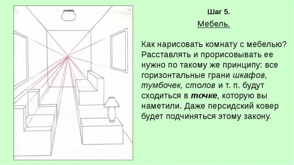 План комнаты в перспективе с одной точкой схода