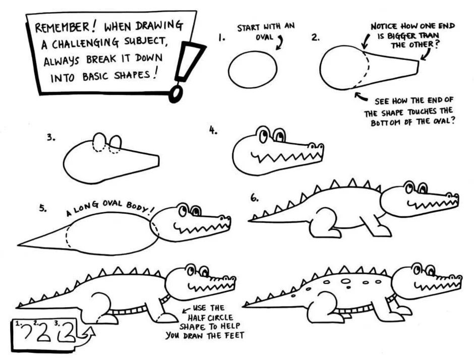 Схема крокодила для начинающих. Поэтапное рисование крокодила для детей. Лёгкие рисунки крокодила. Рисование крокодила с детьми. Крокодил рисунок для детей карандашом.