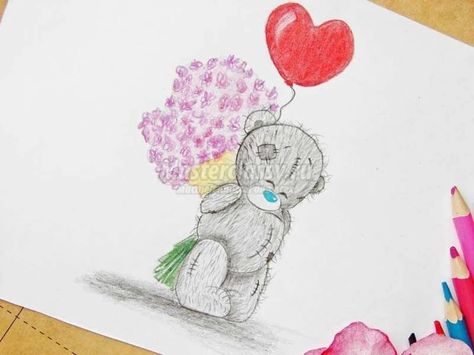 Рисунки для срисовки для открытки. Мишка Тедди картинки для срисовки. Мишка с цветами карандашом. Мишка Тедди с цветами рисунок карандашом. Мишка Тедди с цветком карандашом.