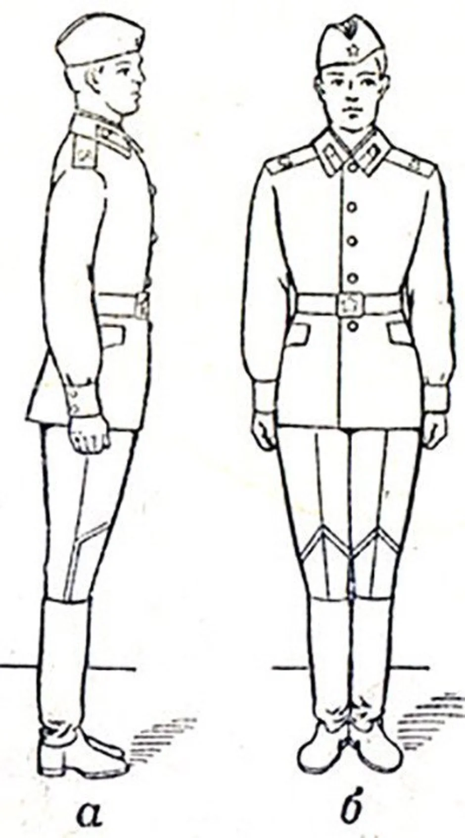 Правильной формы на рисунке. Строевая стойка: а - вид сбоку; б - вид спереди. Эскиз военной формы. Строевая стойка. Строевая стойка военнослужащего.