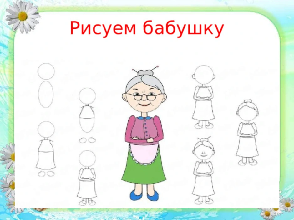 Бабушку поэтапно. Рисунок бабушки поэтапно. Поэтапное рисование бабушки. Поэтапный рисунок бабушки. Рисунок пошаговое рисование бабушки.