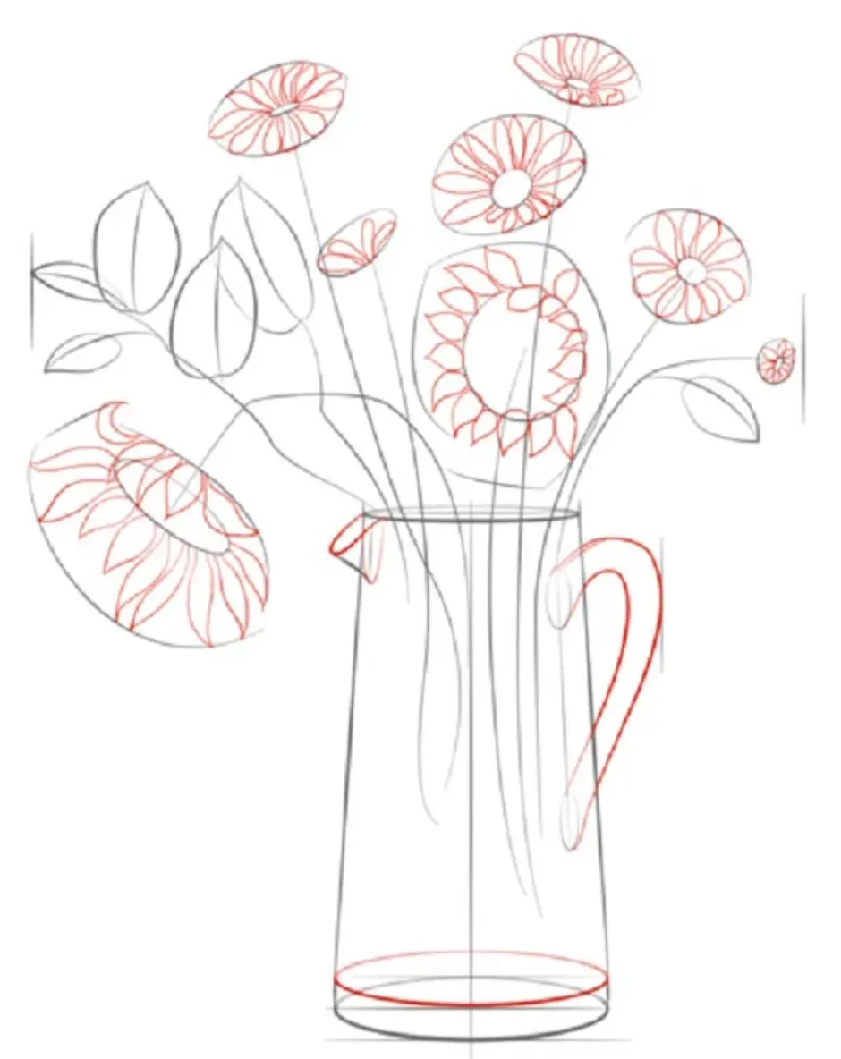 Букеты рисовать поэтапно. Рисование вазы с цветами. Рисунок вазы с цветами карандашом. Рисование ваза с цветами. Рисунок цветов в вазе.