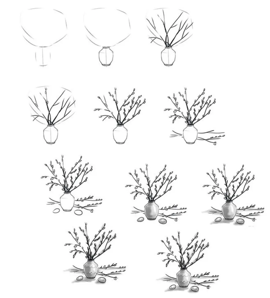 Как нарисовать вербу карандашом поэтапно для детей