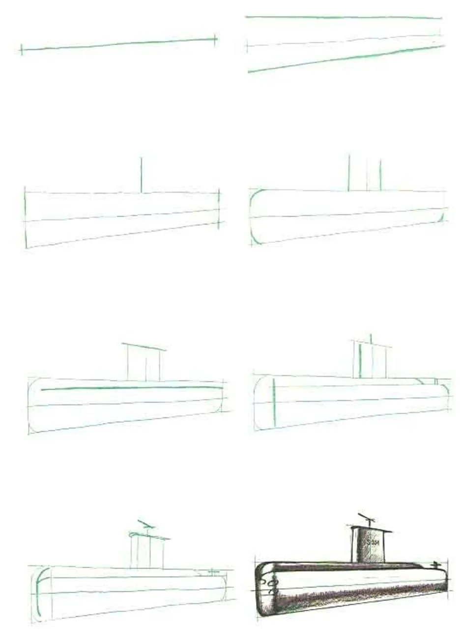 Поэтапное рисование техники. Поэтапное рисование военного корабля. Нарисовать военный корабль поэтапно. Поэтапное рисование подлодки. Военный корабль рисунок карандашом поэтапно.