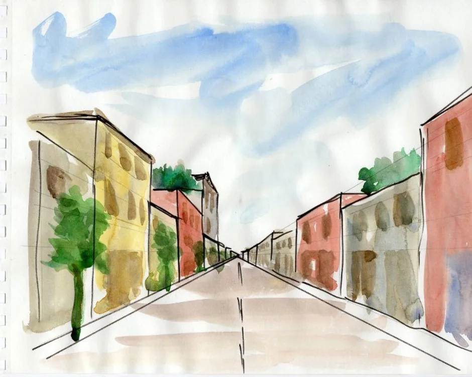 Рисунок нарисовать улицу. "Линейная перспектива" - пейзаж "Тоскана". Зарисовка города линейная перспектива. Линейная перспектива пленэр. Улочка линейная перспектива рисунок.