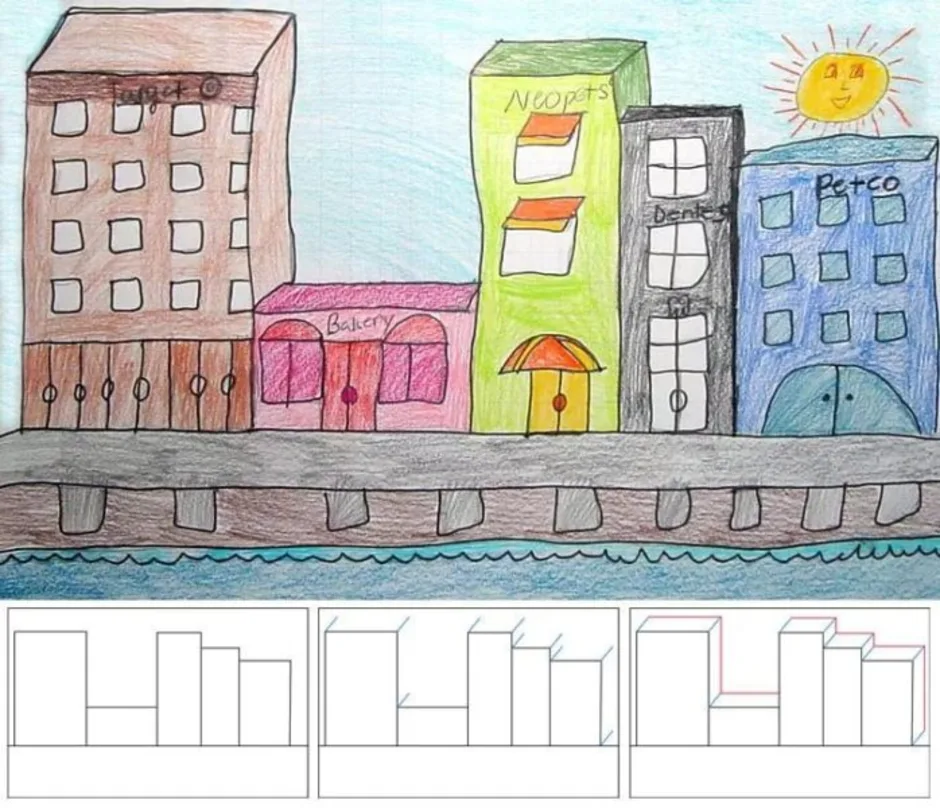 Включи простые города. Рисование город. Рисунок на тему город. Современный город рисунок легкий. Современный город карандашом.