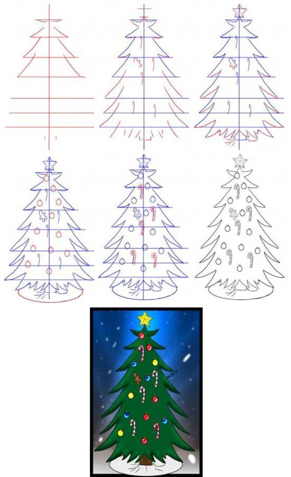 Как нарисовать елку поэтапно