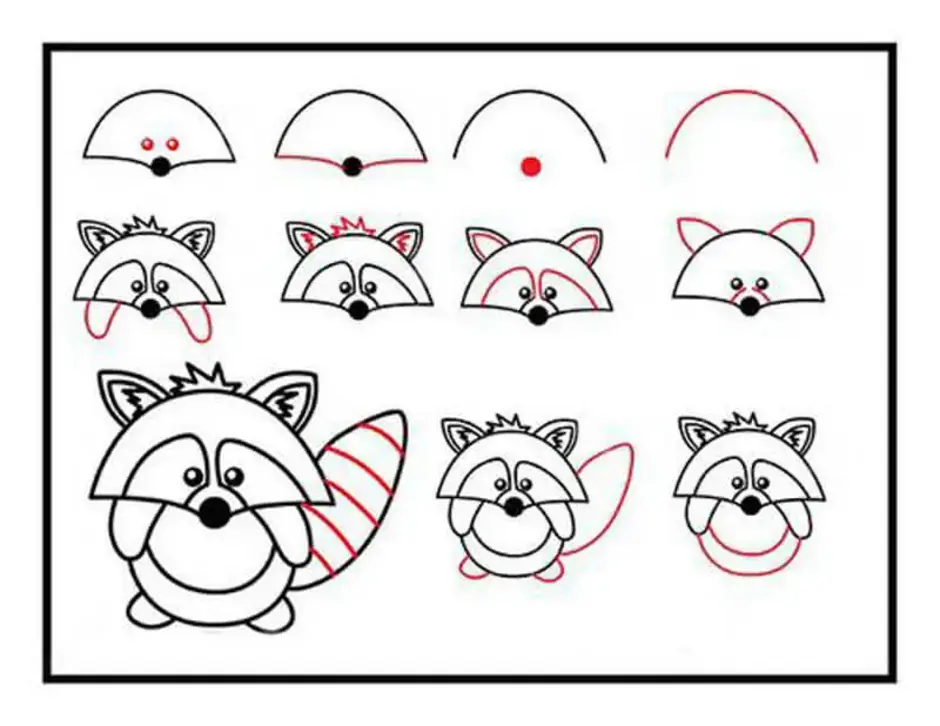 Рисуем енота с детьми поэтапно