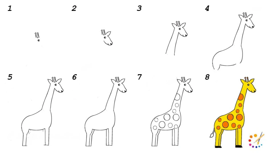 На рисунке изображен жираф. Жираф поэтапное рисование для детей. Рисование жирафа в старшей группе. Уроки рисования для детей Жираф. Поэтапное рисование жирафа в старшей группе.