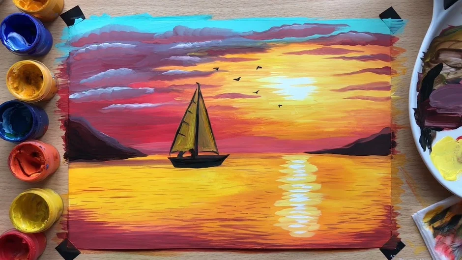 Урок рисования закат на море гуашью