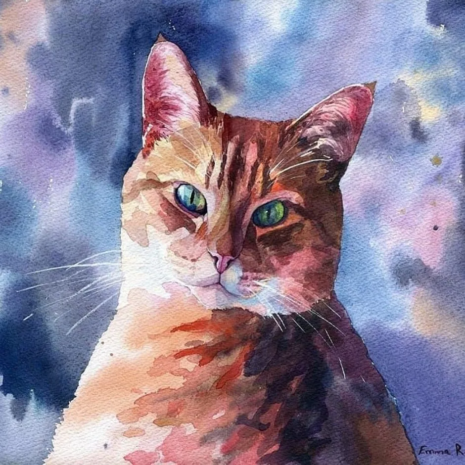 Painted cat. Эмма Резникова художник. Рыжий кот акварелью. Котик акварелью для начинающих. Котенок красками.