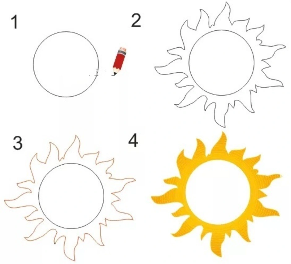 Нарисовать солнышко пошагово