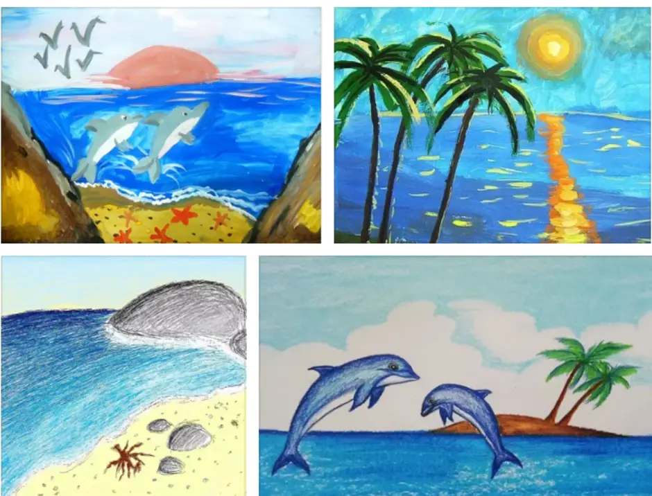 Рисунок красота моря окружающий мир 2 класс. Рисование море. Рисование моря для детей. Морской пейзаж для детей. Рисунок на тему море.