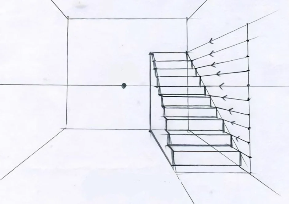 Рисунок лестницы. Лестница в перспективе снизу. Линейная перспектива лестница вид спереди. Фронтальная перспектива лестницы построение. Лестница в угловой перспективе.