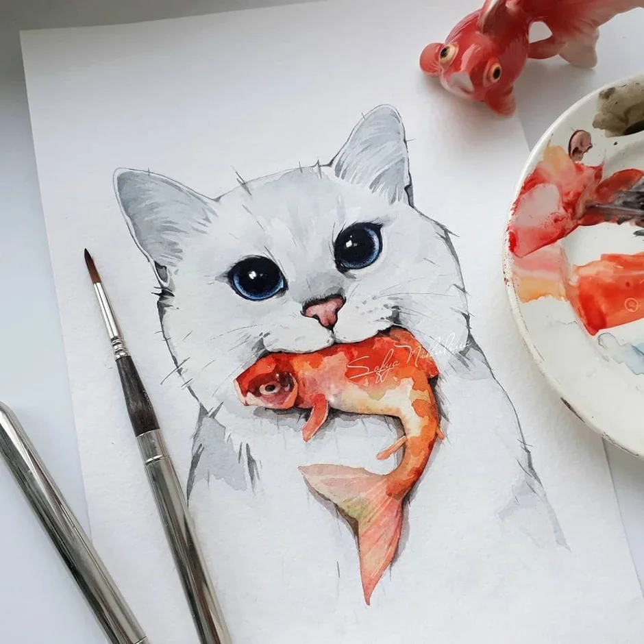 Рисунок кота маркерами