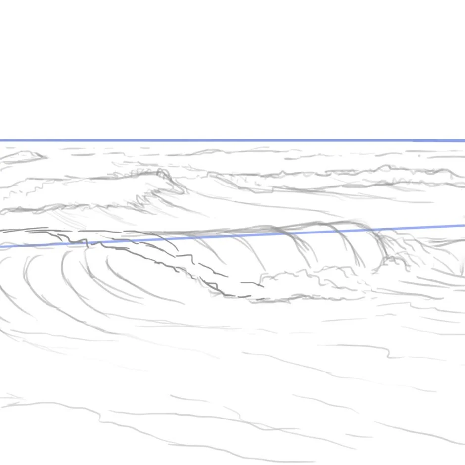 Схема берег моря. Нарисовать море карандашом. Волны карандашом. Морские волны карандашом. Поэтапное рисование моря.