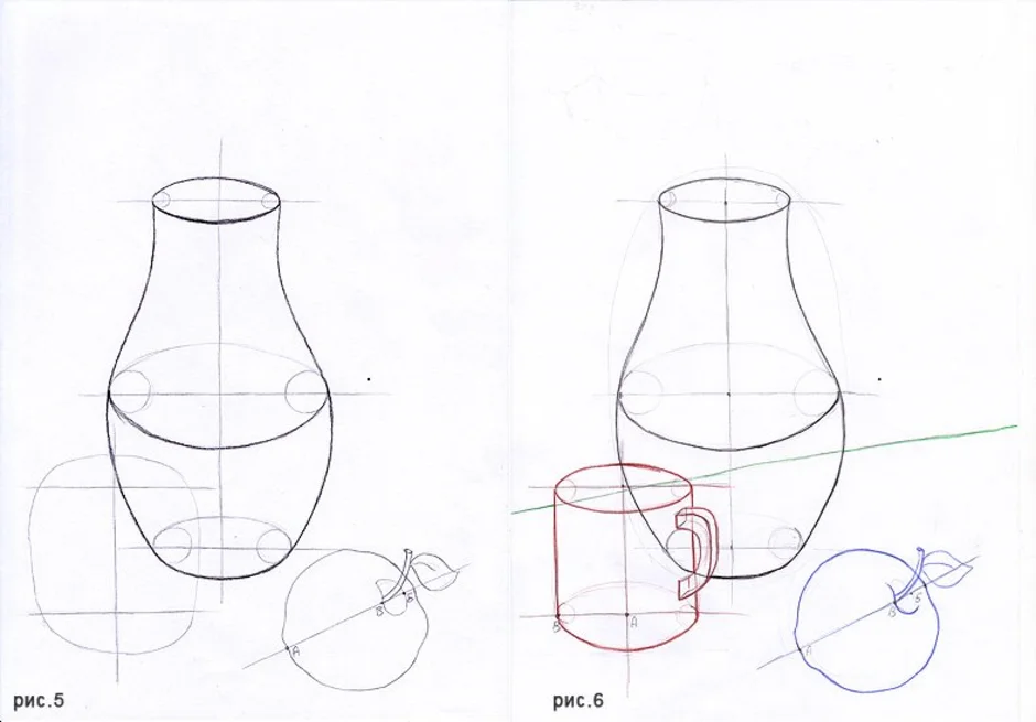 Нарисовать вазу и яблоко