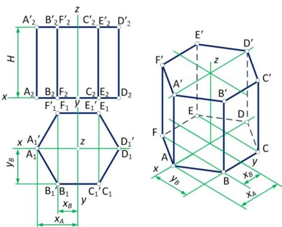 Чертеж правильной шестиугольной призмы