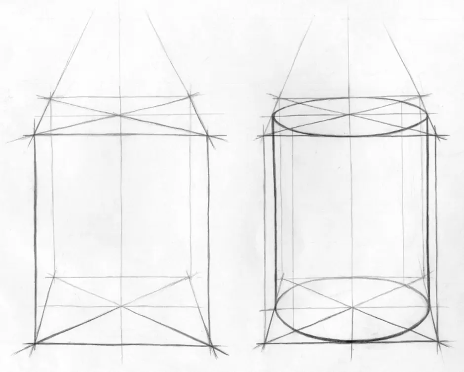 Конструктивно перспективное изображение. Рисование геометрических тел (Призма, пирамида, куб).. Построение шестигранной Призмы. Шестигранная Призма вид снизу. Цилиндр в двухточечной перспективе.