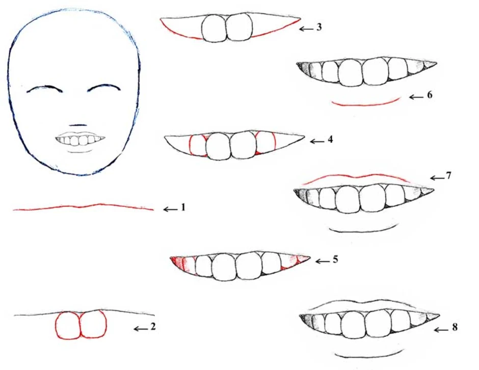 Как нарисовать рот. Улыбка нарисованная. Поэтапное рисование улыбки. Поэтапное рисование рта. Схема рисования рта.