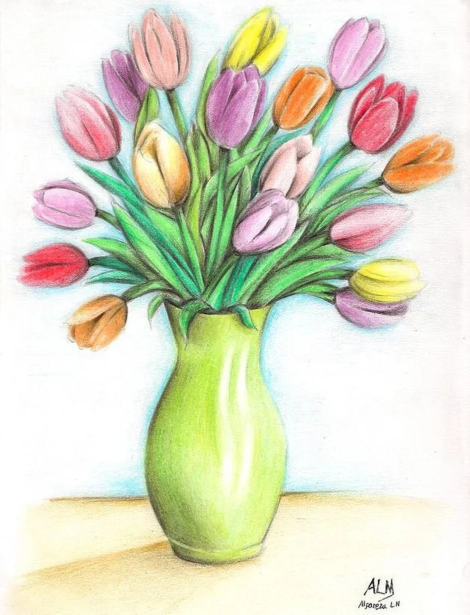 Нарисовать весенний букет. Цветы цветными карандашами. Тюльпаны рисунок. Рисование весенний букет. Ваза с цветами цветными карандашами.