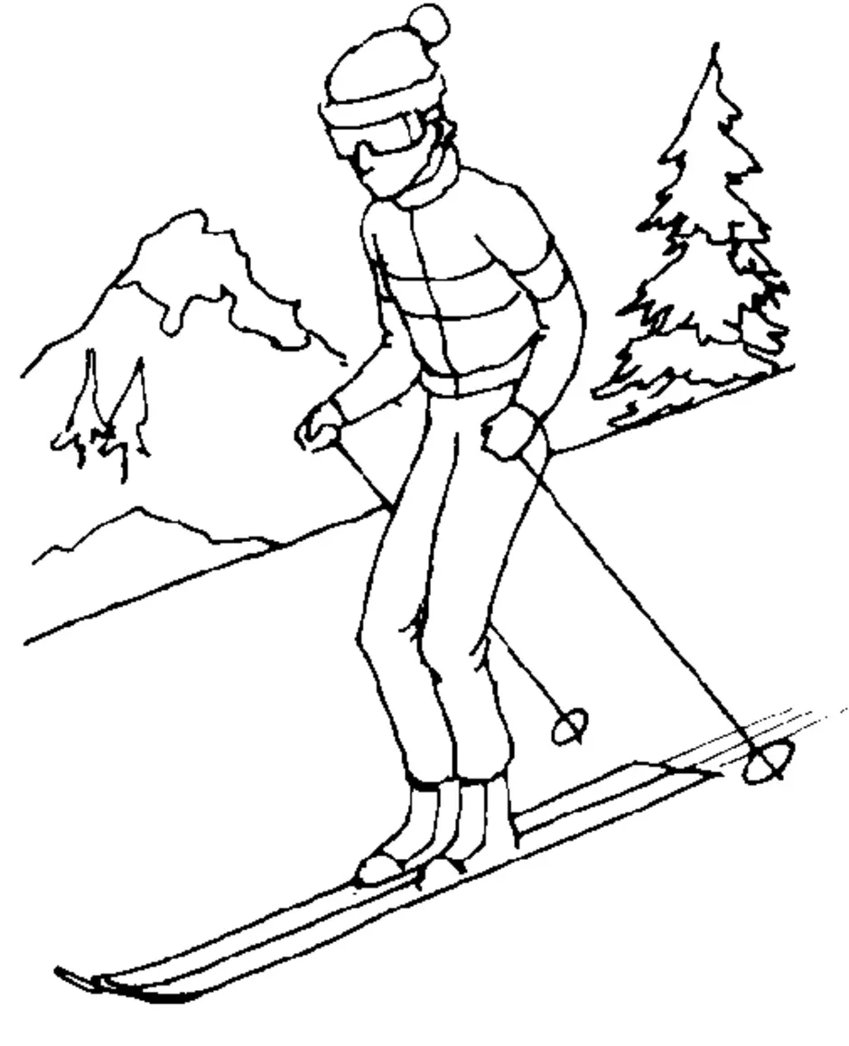 Лыжник 3 класс. Лыжник рисунок карандашом. Лыжник раскраска для детей. Горнолыжный спорт раскраска для детей. Рисование человека на лыжах.