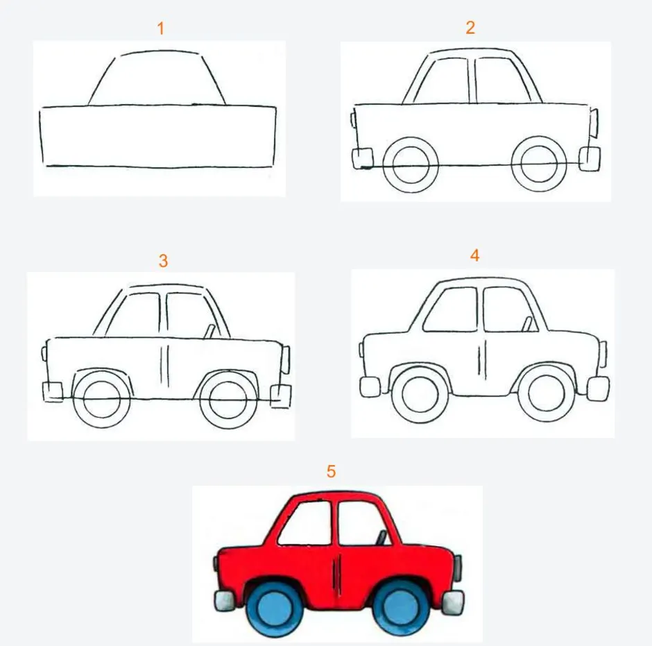 Машину карандашом поэтапно. Схема рисования машины для детей. Поэтапное рисование автомобиля для детей. Рисунки для срисовки машины лёгкие. Поэтапный рисунок машины для детей.