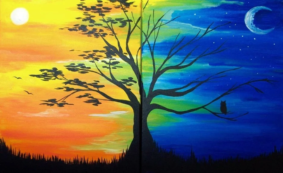Дерево на закате рисунок