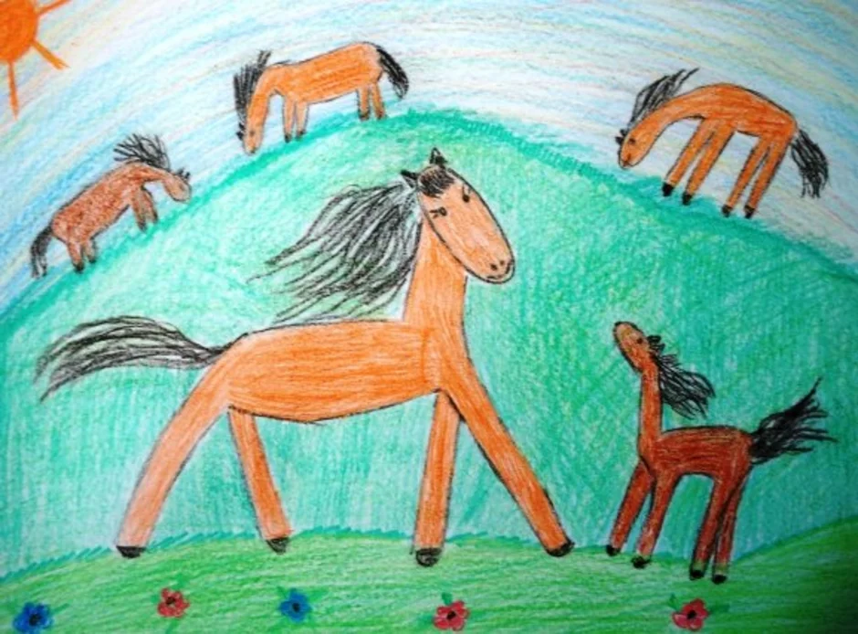 Старшие лошадки. Рисование лошади в подготовительной группе. Лошадка рисование для детей. Кони пасутся рисование в подготовительной группе. Лошадка детский рисунок.