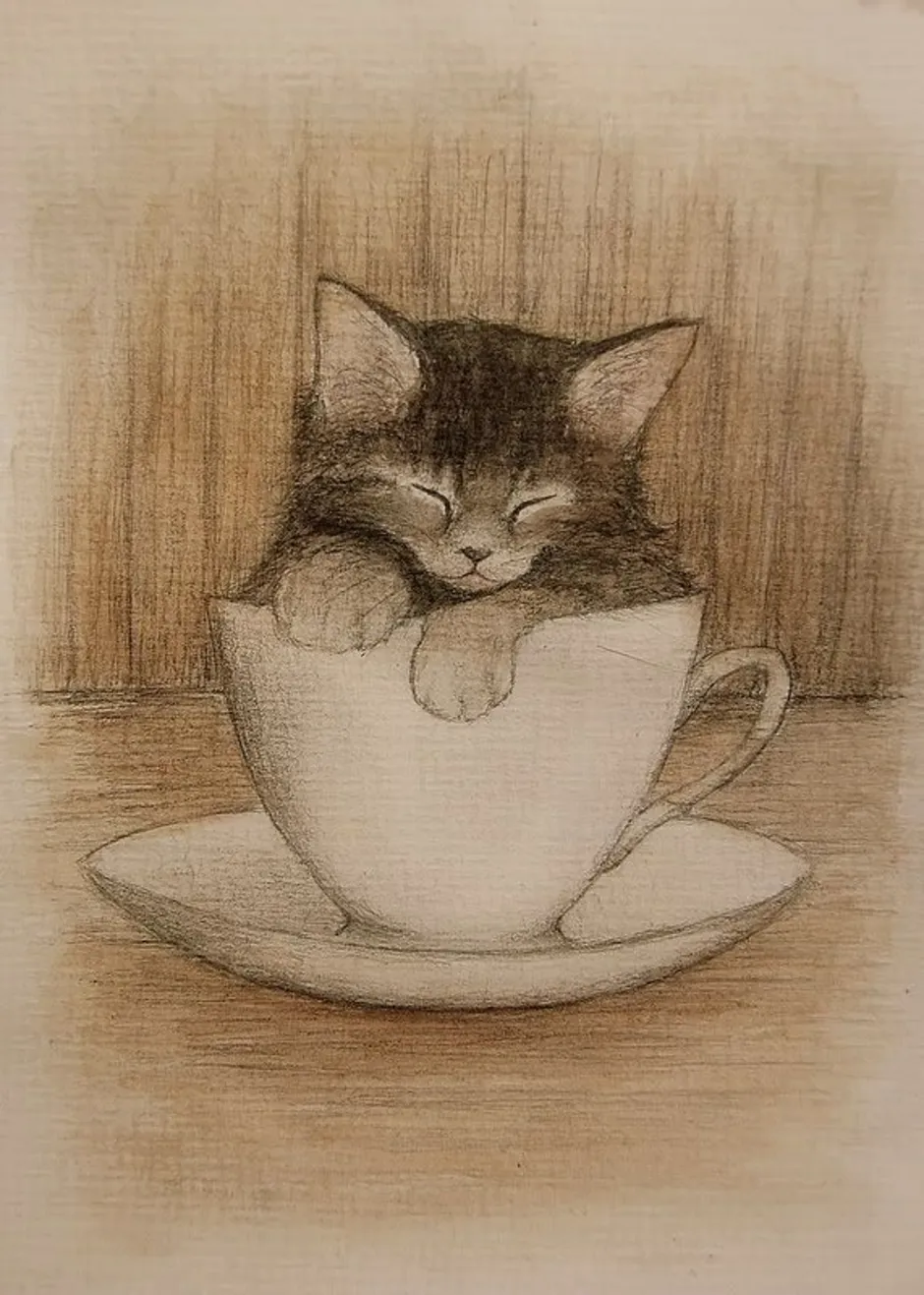 Котик в кружке рисунок для срисовки