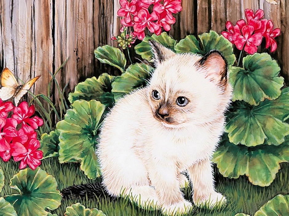 Рисунок котик в цветах