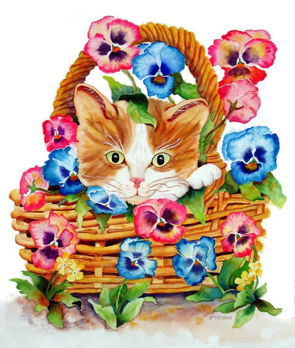 Открытка кот с цветами. Котики в корзинке. Вышивка котята в корзинке. Котенок в корзинке с цветами. Кошка в лукошке.