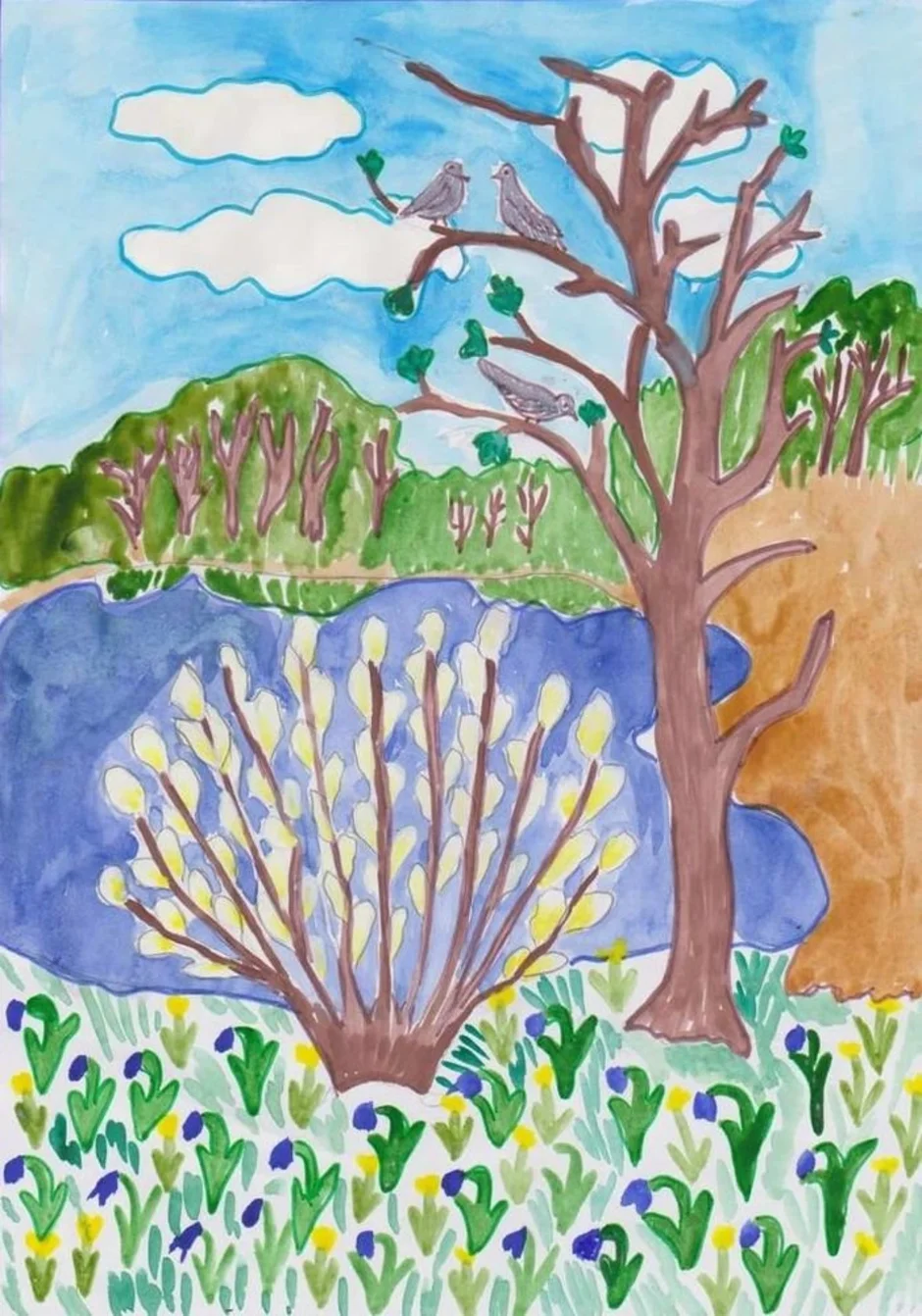 Весенний рисунок 7 класс. Рисование весеннего пейзажа. Детские весенние рисунки.