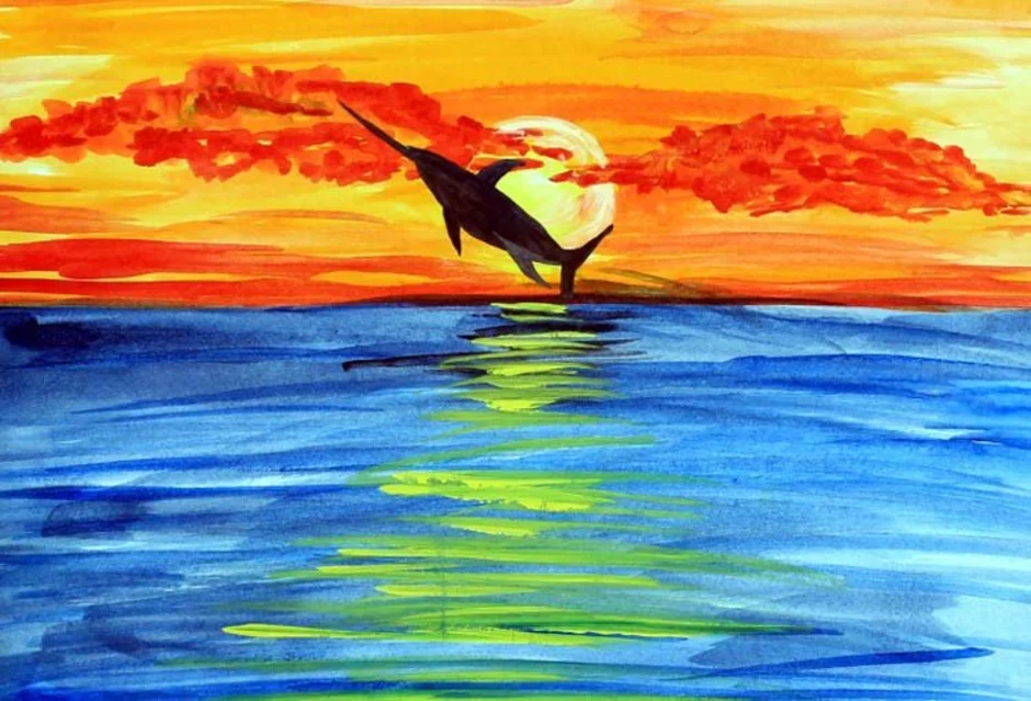 Рисунок красота моря окружающий мир 2 класс. Море рисунок. Морской пейзаж гуашью. Рисование заката для детей. Рисование красота моря.