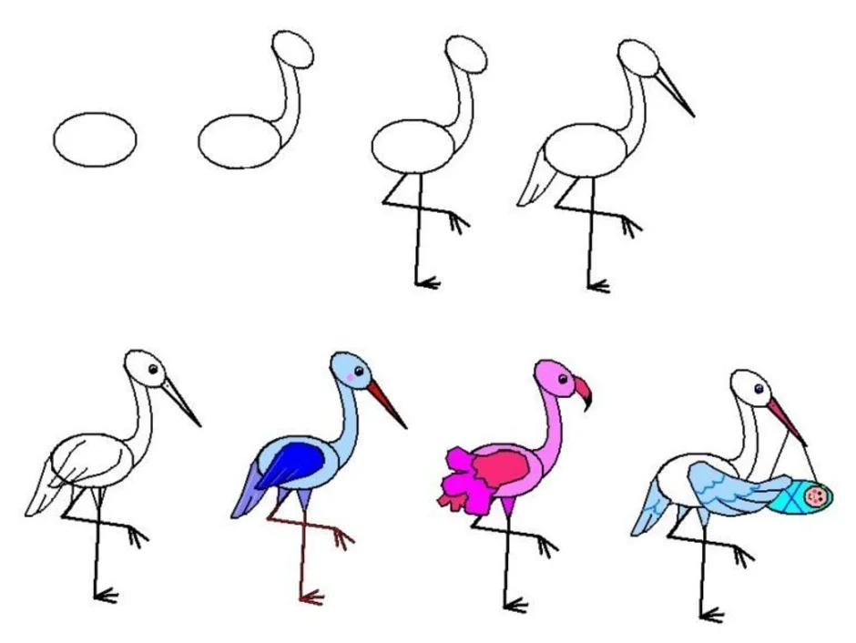 Журавль поэтапно карандашом. Поэтапное рисование птиц. Пошаговое рисование птицы. Поэтапное рисование аиста для детей. Поэтапное рисование птиц для детей.