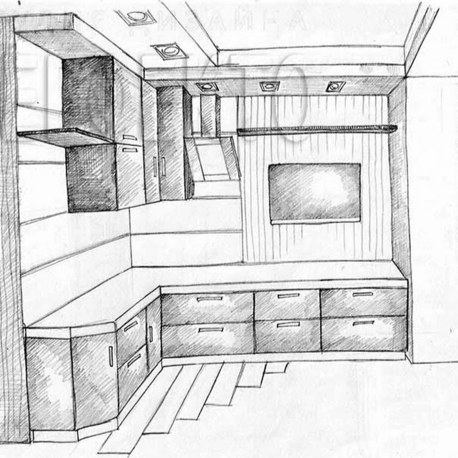 Рисунок карандашом интерьер кухни