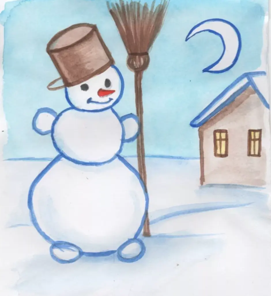 Рисование снеговик карандашами