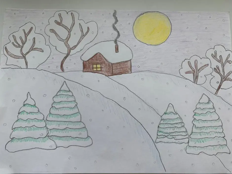 Рисунки детей зимний пейзаж