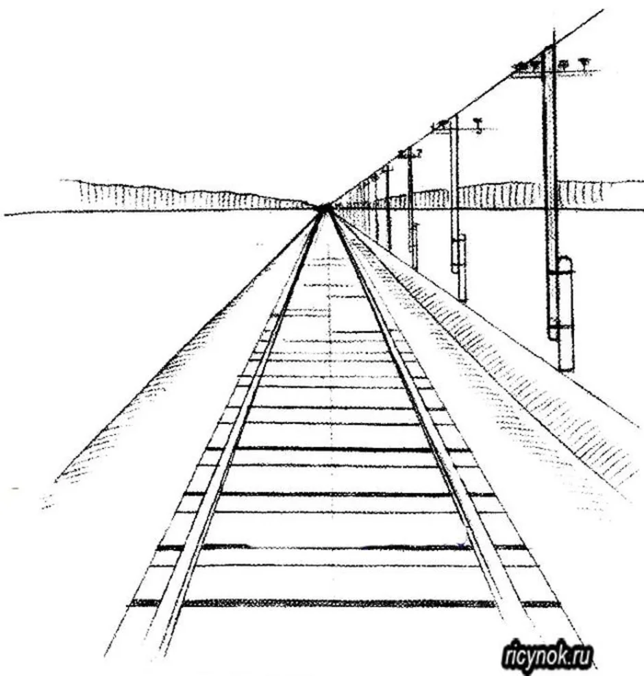 Легкая железная дорога. Линейная перспектива с 1 точкой схода. Линейная перспектива рисунок. Рисунок с линейной перспективы и точкой схода. Линейная перспектива 6 класс.