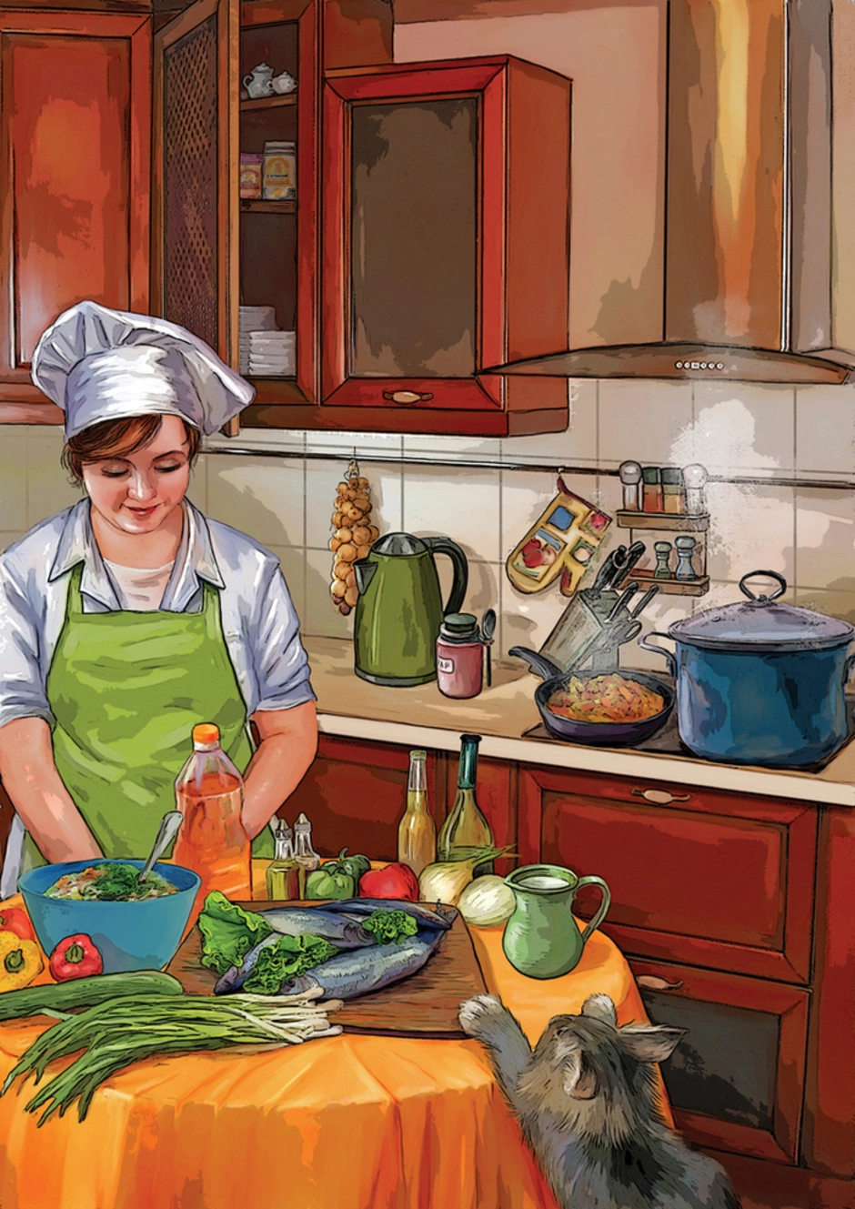 Моя мама варит слушать. Картины на кухню. Сюжетная картина на кухне. Живопись для кухни. Иллюстрации приготовления пищи.