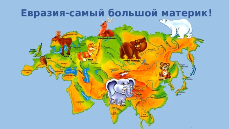 Земля на карте презентация 2 класс. Изображения материков для детей. Нвразияматерик для детей. Животный мир Евразии карта. Материк Евразия на карте для детей.