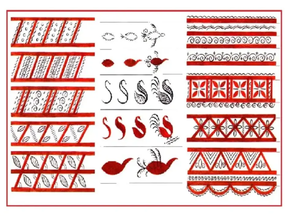 Узоров 1 5 русский язык. Мезенская роспись основные элементы. Мезенская роспись элементы росписи. Мезенская роспись элементы стихии. Техника мезенской росписи.
