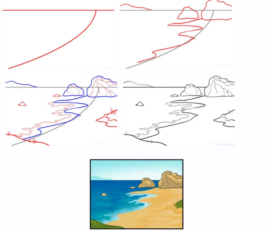 Нарисовать пейзаж поэтапно. Поэтапное рисование моря. Поэтапное рисование пейзажа. Поэтапное рисование пейзажа для детей. Поэтапное рисование морского пейзажа.