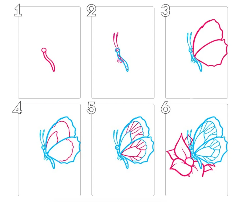 Поэтапно рисовать бабочку карандашом